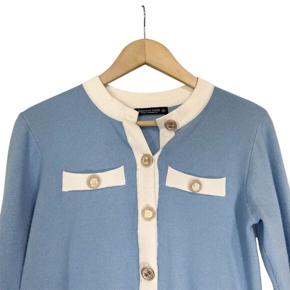 Emerson Lang Blue and Cream Button Front Cardigan Sweater S - Picture 3 of 7